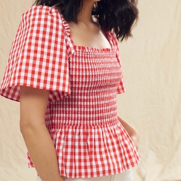 Draper James Deana Smocked Top Large red gingham 100% cotton blouse - Picture 8 of 8